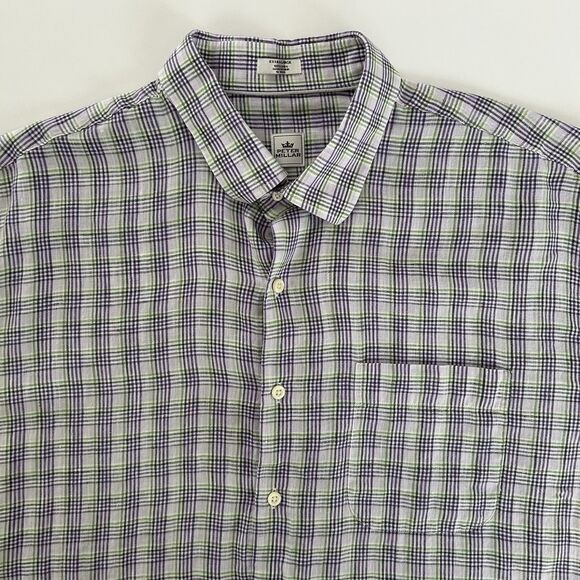 Peter Millar Shirt Mens Plaid 100% Linen Button Up Short Sleeve XL Purple Green - Picture 1 of 10